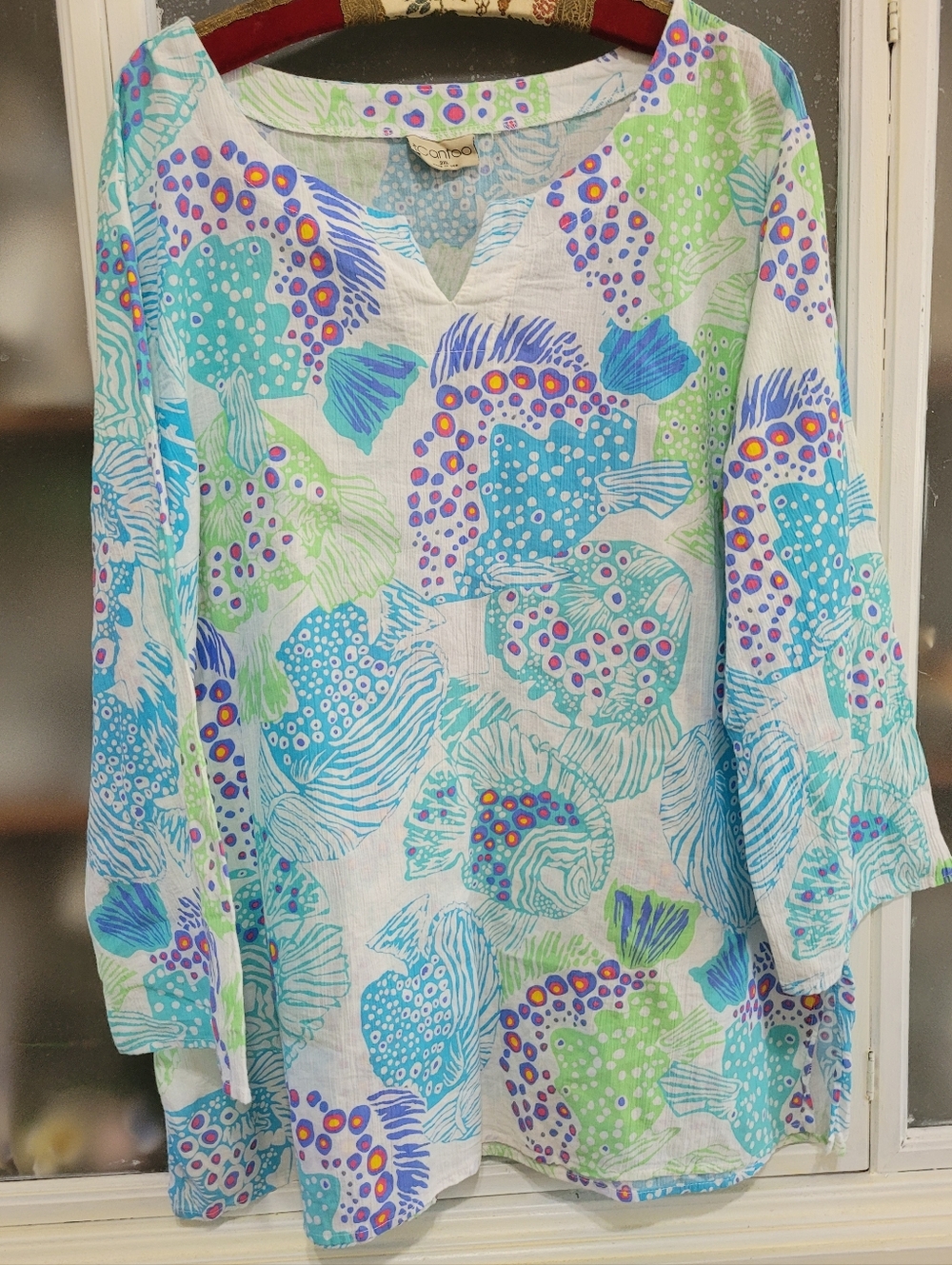 iCantoo White Tunic with Blue & Green Abstract Print Cotton 2XL